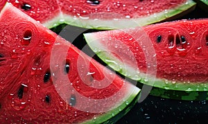 Close-up of vibrant watermelon slices against a dark backdrop. Created by AI