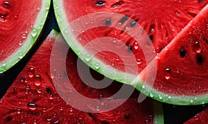 Close-up of vibrant watermelon slices against a dark backdrop. Created by AI