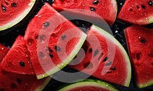 Close-up of vibrant watermelon slices against a dark backdrop. Created by AI