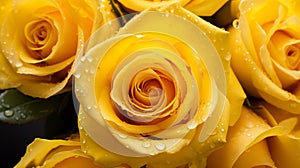 Close-up of vibrant yellow roses with water droplets on soft petals