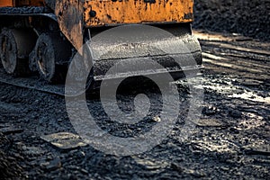 Vibratory roller compacting fresh hot asphalt on a road construction site