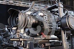 Close up of video camera in TV studio
