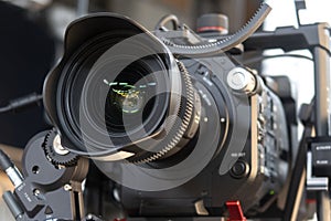 Close up of video camera in TV studio