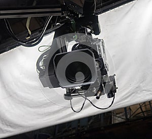 Close up of video camera in TV studio