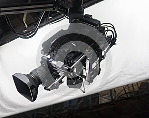 Close up of video camera in TV studio