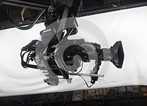 Close up of video camera in TV studio