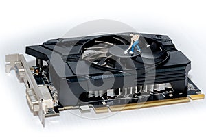 Close up of video card display card on white background. photo