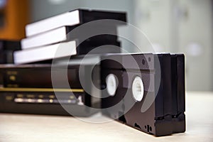 Close-up video cassette tape VHS old retro style concept of vintage electric