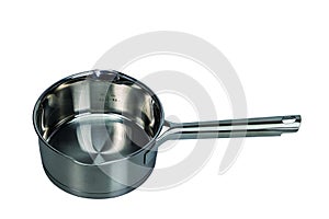 Close-up view of 0.5 liter stainless steel cooking pot isolated on white background.