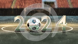Close up view of 2024 number. Wet text and soccer balls on the green soccer field, grass. New Year Sign.