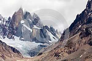 A close up view of the 3 spires of Cerro Torre