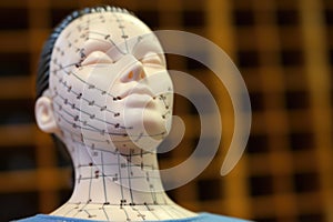 close up view of acupuncture dummy showing meridian points