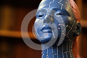 close up view of acupuncture dummy showing meridian points