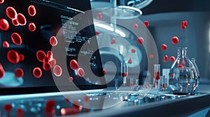 Close-up view of an advanced AI interface analyzing patient bloodwork in a lab. Generative AI