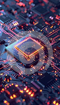 A close-up view of an advanced microprocessor, or chip, on a circuit board, surrounded by glowing digital data streams