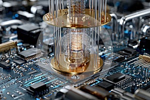 Close-up view of advanced quantum computing component on modern circuit board