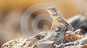 Close-up view of an Agama Lizard basking on a sunbleached rock in its natural arid desert habitat