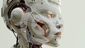 Close-up view of an ai humanoid robot head with glowing orange neural pathways photo