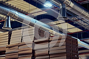 Close-up view of the air duct work in the warehouse