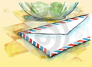 Close-up view of air mail envelope on the table