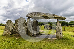 A close up view through the ancient burial chamber at Pentre Ifan in the Preseli hills in Pembrokeshire, Wales