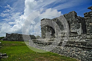 Close up view of the ancient temple in Tulum Mexico