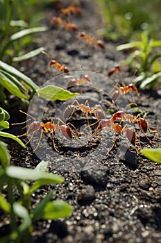 A Line of Red Ants Marching on the Ground