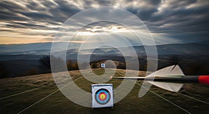 Archery Target in Dramatic Sunset Landscape with Arrow in Foreground