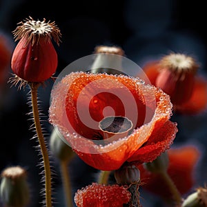 Close-up view of an arrangement of red poppies, with one in center standing out. This central flower is surrounded by