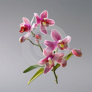 Close-up view of an arrangement with three pink flowers, two in foreground and one in background. These flowers are