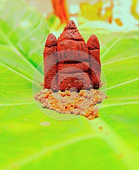 A close-up view of art made using mudd and green leaves naturally photo