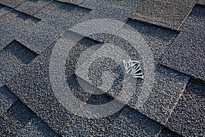 Close up view on Asphalt Roofing Shingles Background. Roof Shingles - Roofing. Asphalt Roofing Shingles and Nails