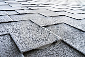 Close up view on asphalt roofing shingles covered with frost.