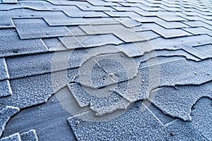 Close up view on Asphalt Roofing Shingles roof damage covered with frost.