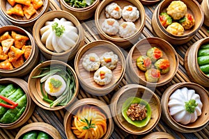 Close-Up View of Assorted Dim Sum in Bamboo Baskets. A close-up top-down view of a selection of dim sum in bamboo baskets,