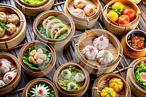 Close-Up View of Assorted Dim Sum in Bamboo Baskets. A close-up top-down view of a selection of dim sum in bamboo baskets,