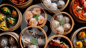 Close-Up View of Assorted Dim Sum in Bamboo Baskets