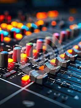 Professional Audio Mixing Console With Glowing Faders and Knobs During a Session in a Studio Setting at Night