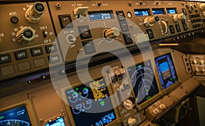 Close up view of an autopilot panel of a modern airplane