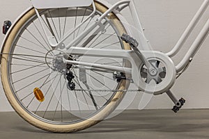 Close up view of back wheel of white bicycle with protection for clothes on chain.
