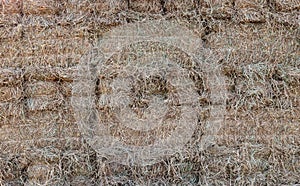 A close-up view of the background of many bales of compressed rice straw stacked