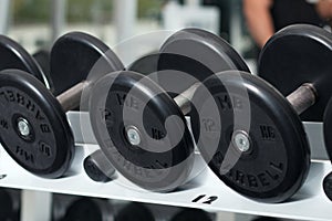 Close-up view of barbells organized in row