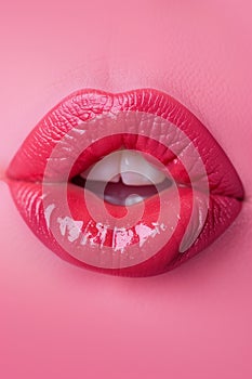 Close up view of beautiful woman lips with red lipstick on pink background. Open mouth with white teeth. Cosmetology