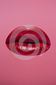 Close up view of beautiful woman lips with red lipstick on pink background. Open mouth with white teeth. Cosmetology