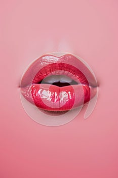 Close up view of beautiful woman lips with red lipstick on pink background. Open mouth with white teeth. Cosmetology