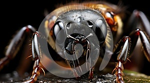 A close up view of a bee's face. Generative AI image.