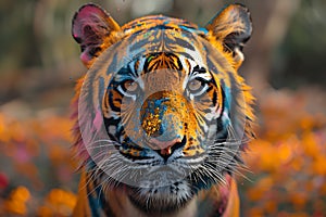 A close-up view of a Bengal tigers face with colorful flowers in the background during the Holi Festival of Colors