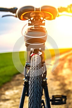 Close up view of a bicycle protector. Rear view of a bicycle wheel on a country road at sunny day. Cycling on a