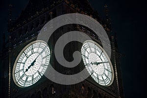 Close up view of the Big Ben clock tower and Westminster in London.