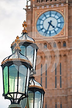 Close up view of the Big Ben clock tower and Westminster in London.